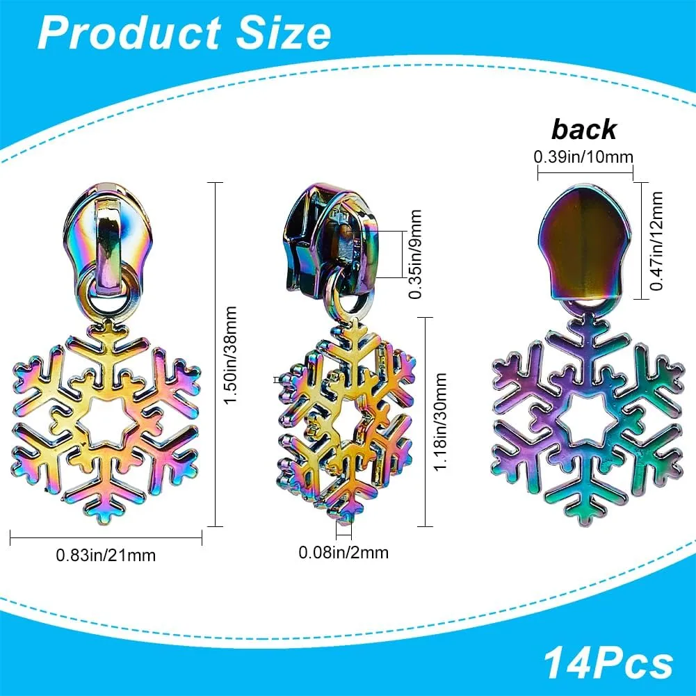 GORGECRAFT 1 Box 14Pcs Snowflake Christmas Rainbow Metal Zipper Pulls Replacement Alloy Zipper Pull Tabs Kit for Purse Handbag Making Craft Sewing DIY Tailor