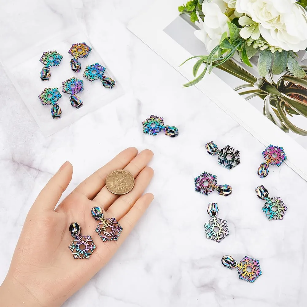 GORGECRAFT 1 Box 14Pcs Snowflake Christmas Rainbow Metal Zipper Pulls Replacement Alloy Zipper Pull Tabs Kit for Purse Handbag Making Craft Sewing DIY Tailor