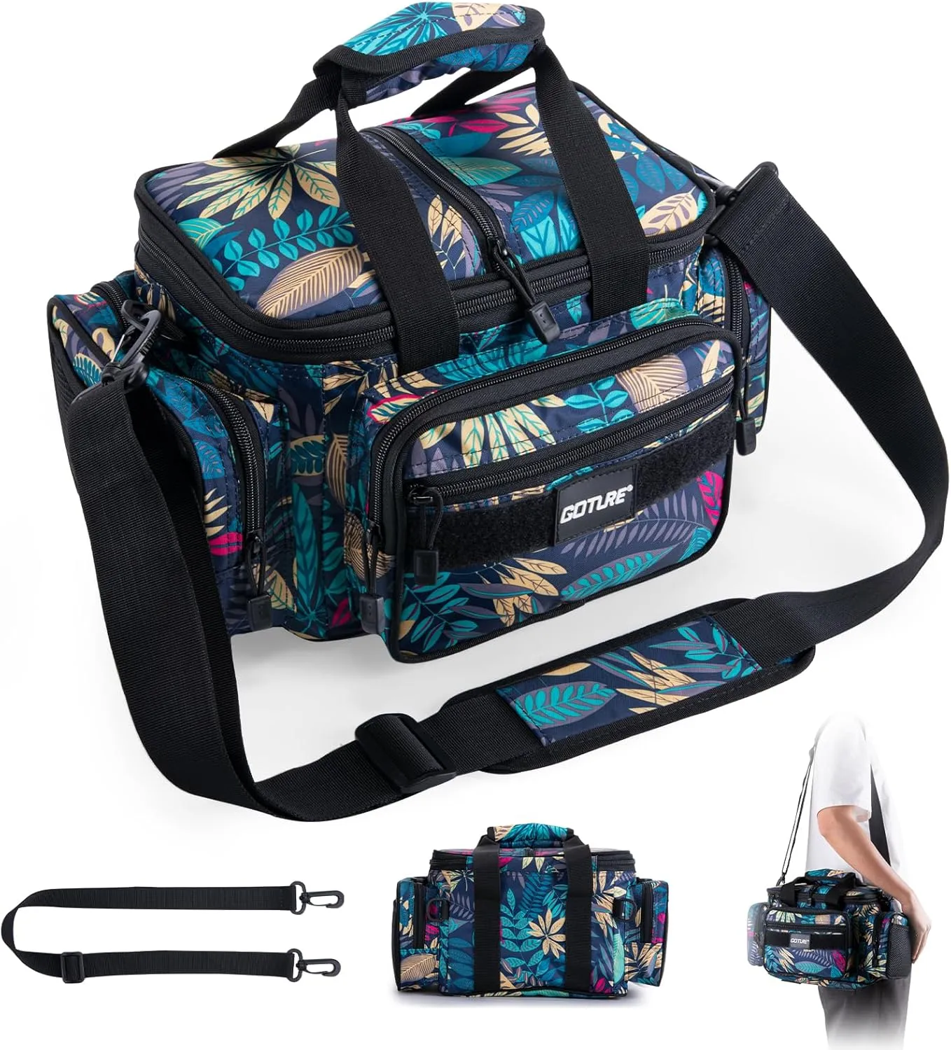 Goture Fishing Tackle Bag,Soft Side 600D Water-Resistant Cross Body Sling Fishing Bag, Small Freshwater Saltwater Gear Storage Tactical Bags Outdoor, Store 3 3600 Tackle Boxes,14.96"x9.06"x7.48"