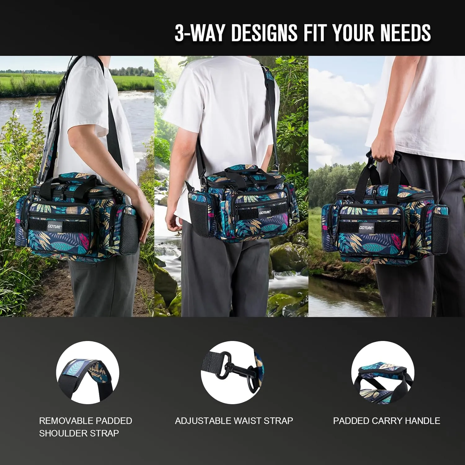 Goture Fishing Tackle Bag,Soft Side 600D Water-Resistant Cross Body Sling Fishing Bag, Small Freshwater Saltwater Gear Storage Tactical Bags Outdoor, Store 3 3600 Tackle Boxes,14.96"x9.06"x7.48"