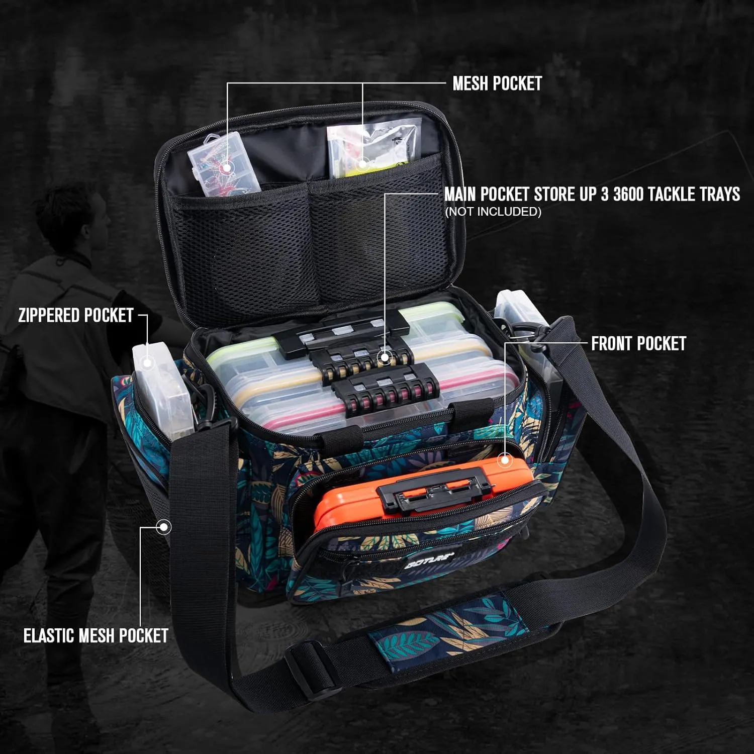 Goture Fishing Tackle Bag,Soft Side 600D Water-Resistant Cross Body Sling Fishing Bag, Small Freshwater Saltwater Gear Storage Tactical Bags Outdoor, Store 3 3600 Tackle Boxes,14.96"x9.06"x7.48"