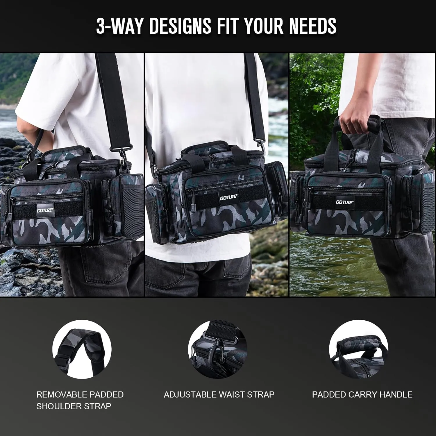 Goture Fishing Tackle Bag,Soft Side 600D Water-Resistant Cross Body Sling Fishing Bag, Small Freshwater Saltwater Gear Storage Tactical Bags Outdoor, Store 3 3600 Tackle Boxes,14.96"x9.06"x7.48"