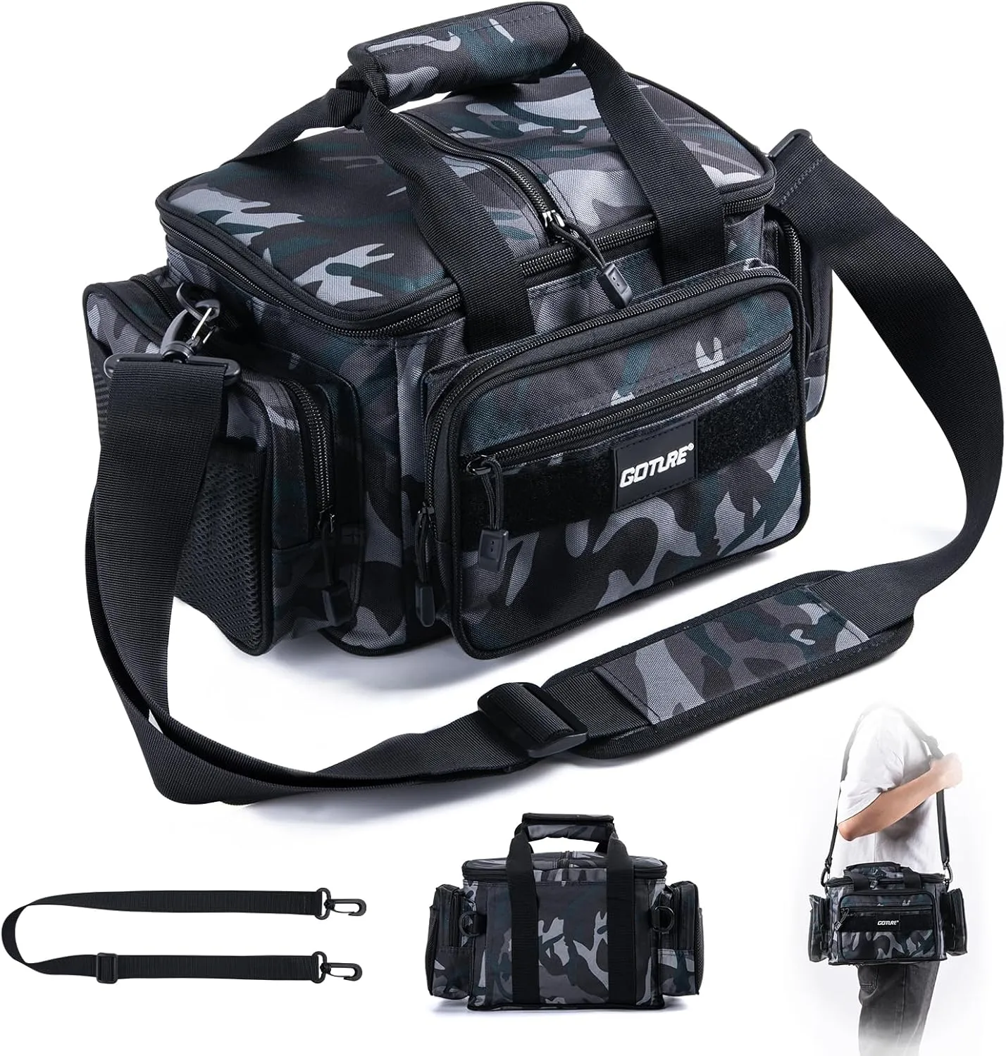 Goture Fishing Tackle Bag,Soft Side 600D Water-Resistant Cross Body Sling Fishing Bag, Small Freshwater Saltwater Gear Storage Tactical Bags Outdoor, Store 3 3600 Tackle Boxes,14.96"x9.06"x7.48"