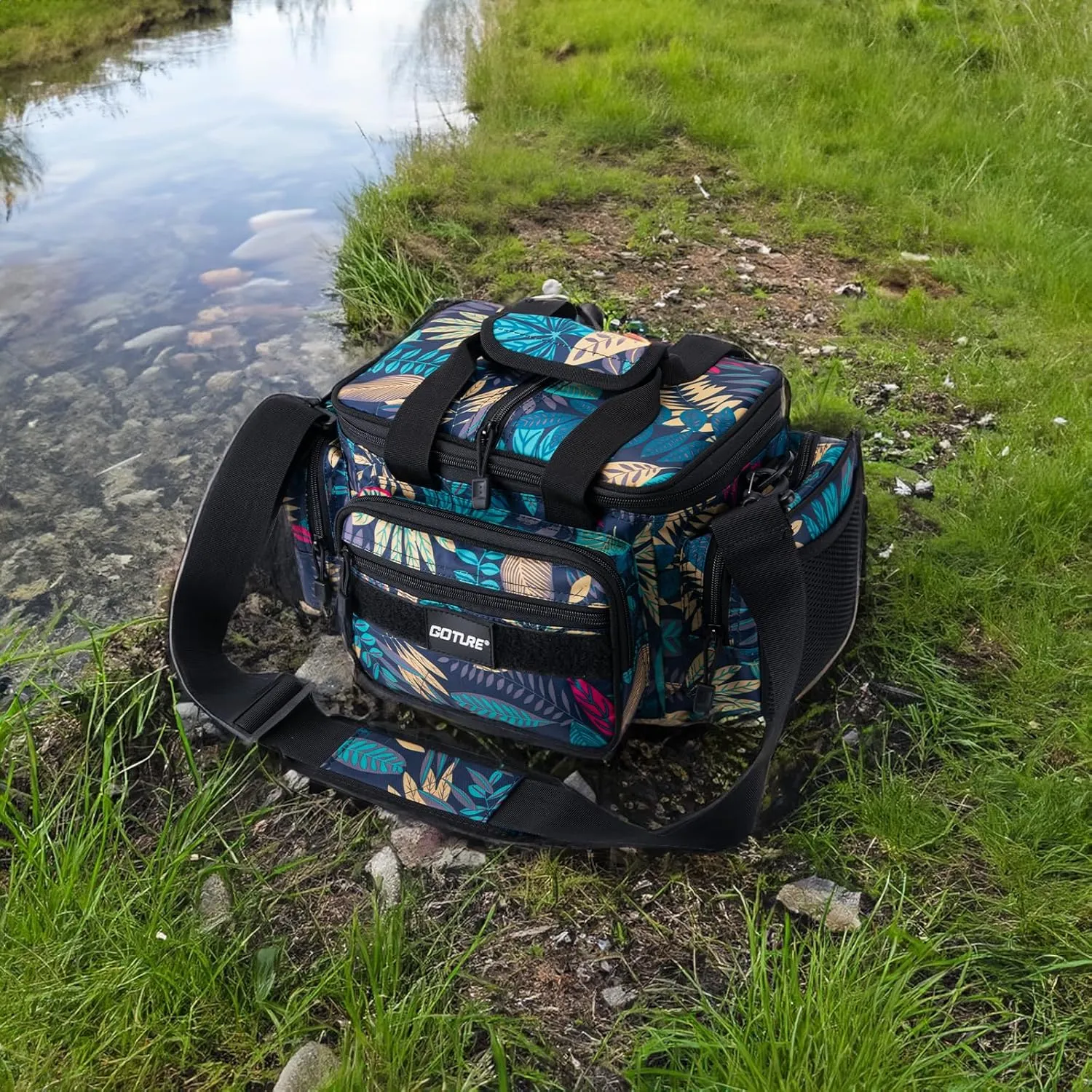 Goture Fishing Tackle Bag,Soft Side 600D Water-Resistant Cross Body Sling Fishing Bag, Small Freshwater Saltwater Gear Storage Tactical Bags Outdoor, Store 3 3600 Tackle Boxes,14.96"x9.06"x7.48"
