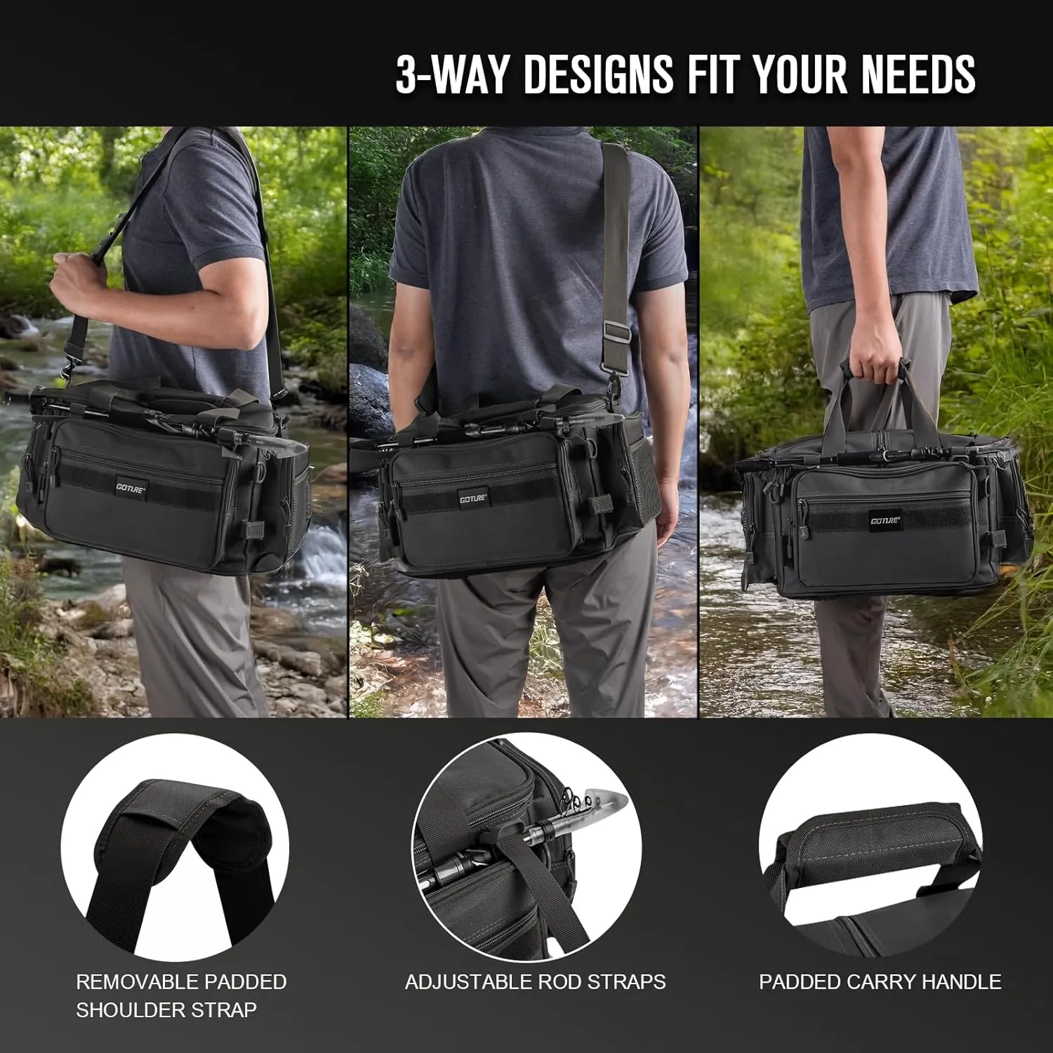 Goture Fishing Tackle Bag,Soft Side 600D Water-Resistant Cross Body Sling Fishing Bag,Waist Pack Freshwater Saltwater Gear Storage,Tactical Bags Outdoor,Store 4 3700 Tackle Boxes, 18.9"x11.02"x9.06"
