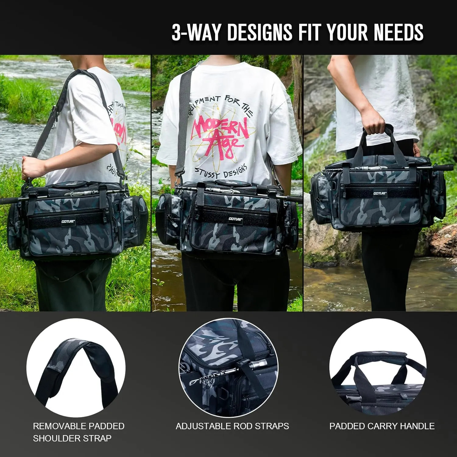 Goture Fishing Tackle Bag,Soft Side 600D Water-Resistant Cross Body Sling Fishing Bag,Waist Pack Freshwater Saltwater Gear Storage,Tactical Bags Outdoor,Store 4 3700 Tackle Boxes, 18.9"x11.02"x9.06"