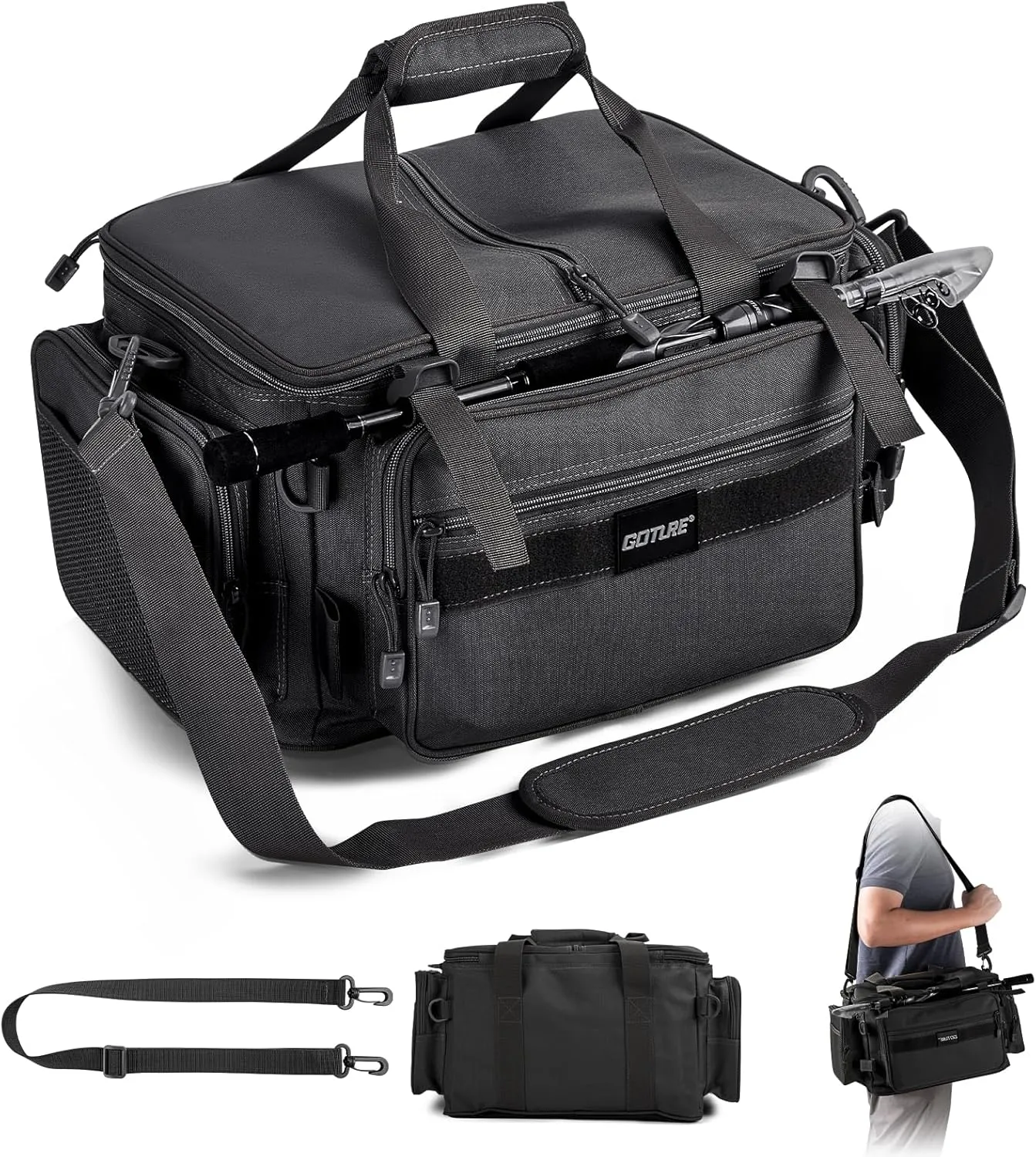 Goture Fishing Tackle Bag,Soft Side 600D Water-Resistant Cross Body Sling Fishing Bag,Waist Pack Freshwater Saltwater Gear Storage,Tactical Bags Outdoor,Store 4 3700 Tackle Boxes, 18.9"x11.02"x9.06"