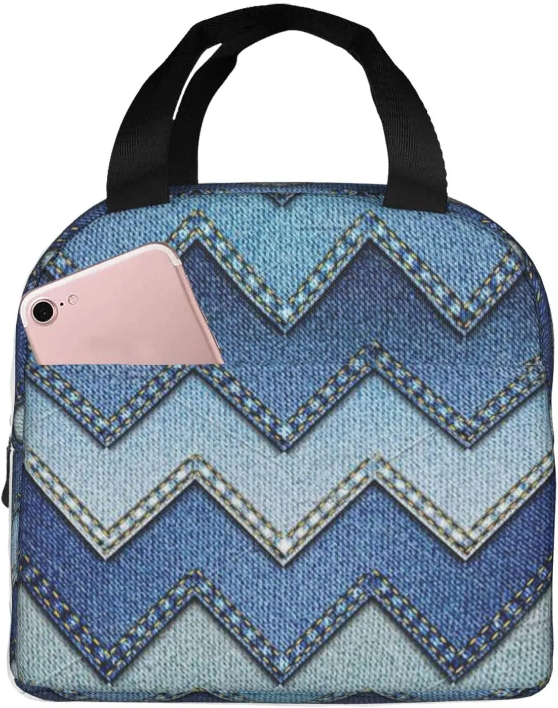 Gradient Blue Denim Print Lunch Bag,Reusable Insulated Lunch Tote Bag For Work/Office/Picnic/Travel
