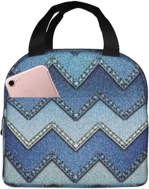Gradient Blue Denim Print Lunch Bag,Reusable Insulated Lunch Tote Bag For Work/Office/Picnic/Travel