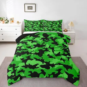 Green Camouflage Bedding Set Full Size Army Camo Geometric Comforter Set for Young Man Teens Room Decor Irregular Tie Dye Down Comforter Cool Military Style Quilt Set with 2 Pillowcases