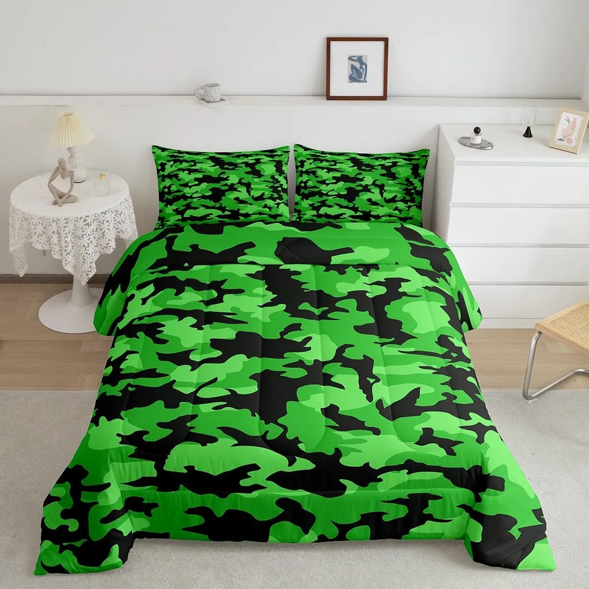 Green Camouflage Bedding Set Full Size Army Camo Geometric Comforter Set for Young Man Teens Room Decor Irregular Tie Dye Down Comforter Cool Military Style Quilt Set with 2 Pillowcases