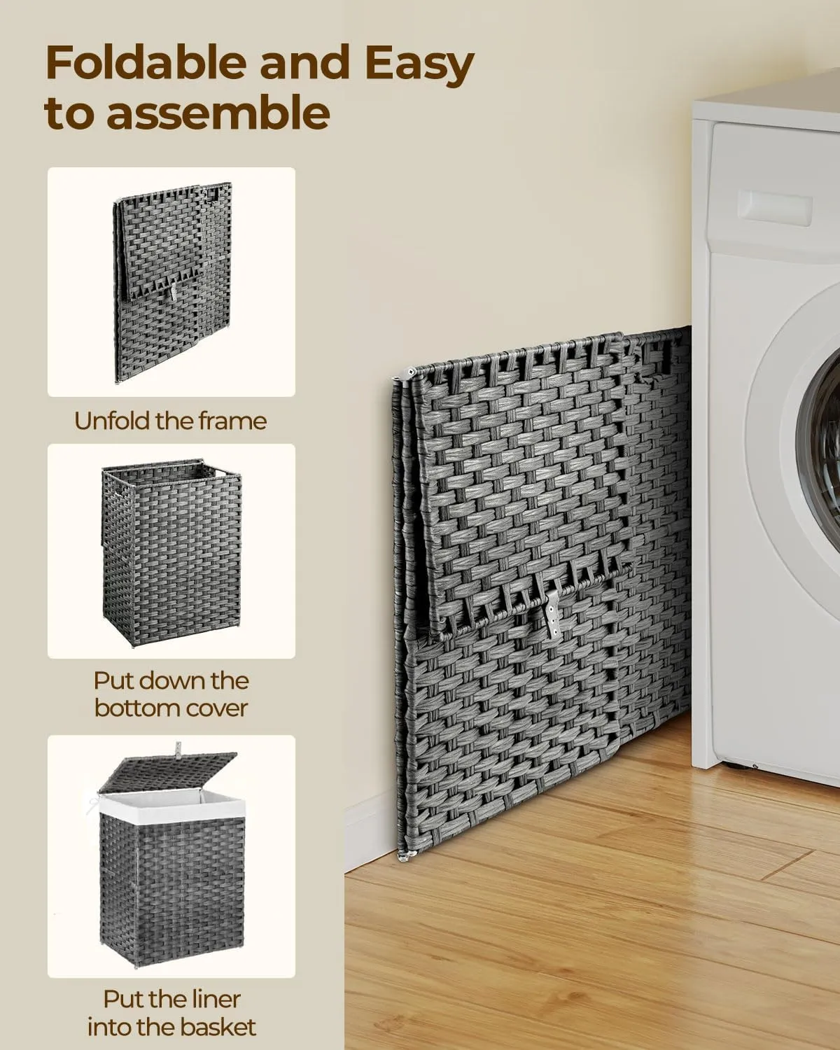 Greenstell Laundry Hamper with Lid, 90L Clothes Hamper with 2 Removable Liner Bags & 2 Mesh Laundry Bags, Handwoven Synthetic Rattan Laundry Basket for Clothes, Toys in Bathroom, Bedroom Grey