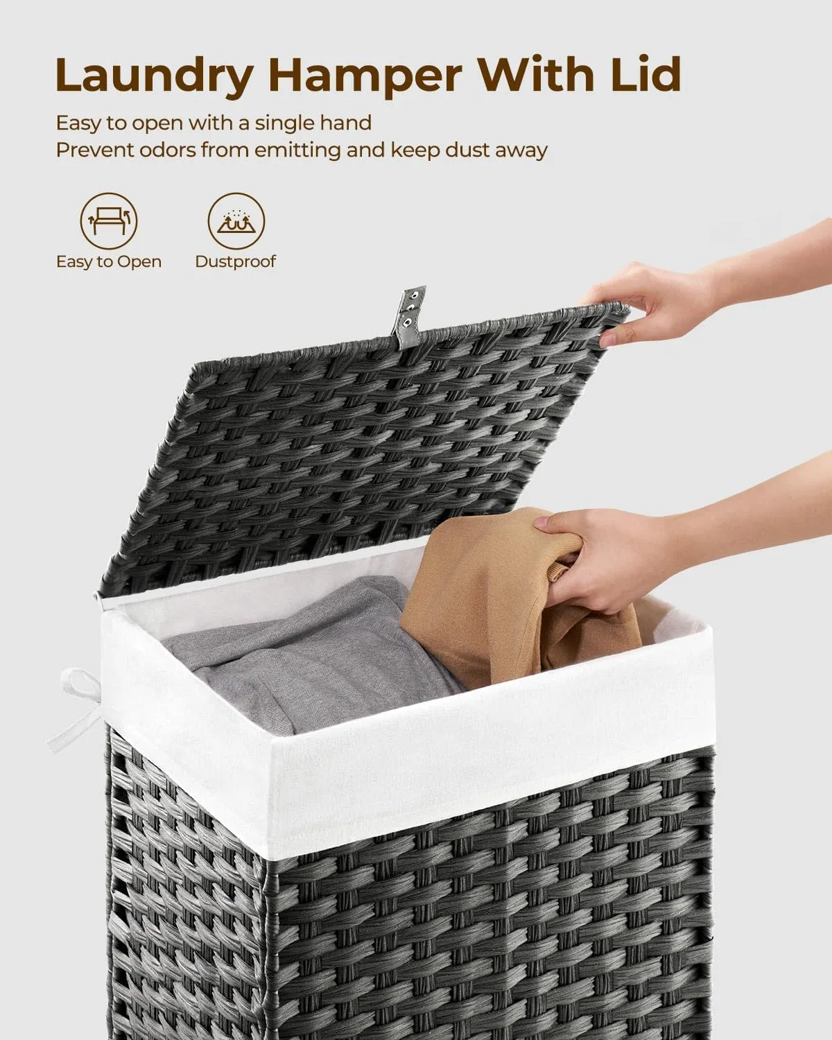 Greenstell Laundry Hamper with Lid, 90L Clothes Hamper with 2 Removable Liner Bags & 2 Mesh Laundry Bags, Handwoven Synthetic Rattan Laundry Basket for Clothes, Toys in Bathroom, Bedroom Grey