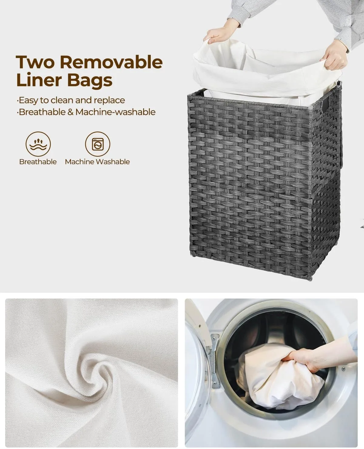 Greenstell Laundry Hamper with Lid, 90L Clothes Hamper with 2 Removable Liner Bags & 2 Mesh Laundry Bags, Handwoven Synthetic Rattan Laundry Basket for Clothes, Toys in Bathroom, Bedroom Grey