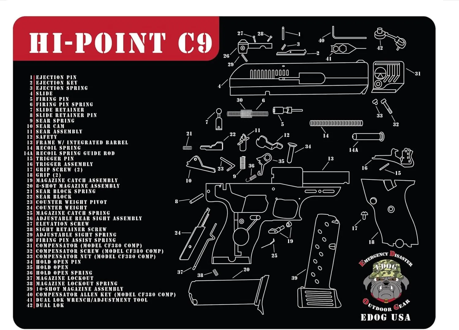 Gun Cleaning Mat Compatible for Hi-Point C9 Schematic (Exploded View) Heavy Duty Pistol Cleaning 12x17 Padded Gun-Work Surface Protector Mat Solvent & Oil Resistant