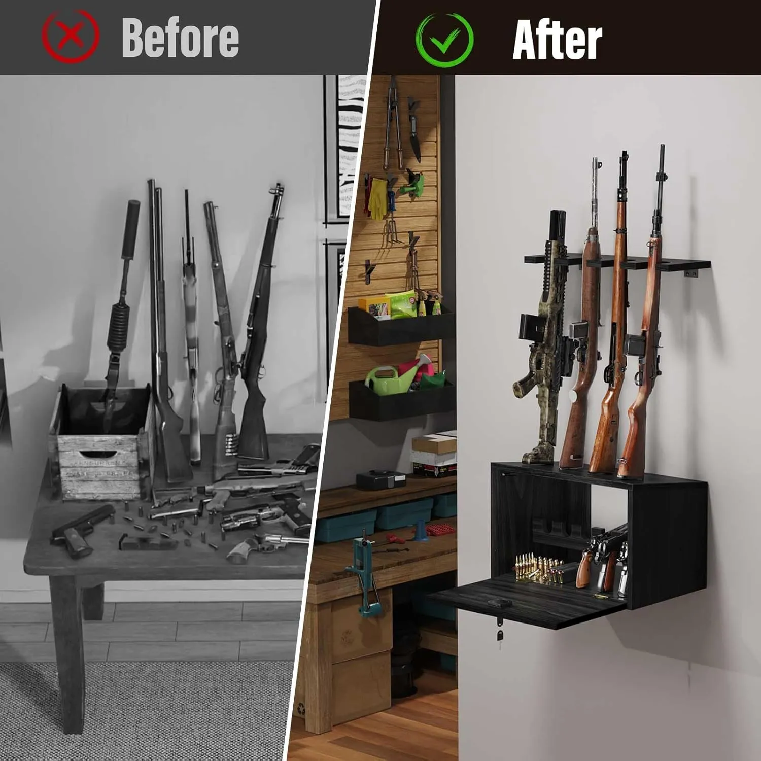 Gun Rack Wall Mount, Wooden Rifle Racks with Gun Rack for Wall, Gun Display Racks for Indoor Firearms Storage, Holds up to 4 Long Guns and 6 Handguns, Gifts for Husband, Dad