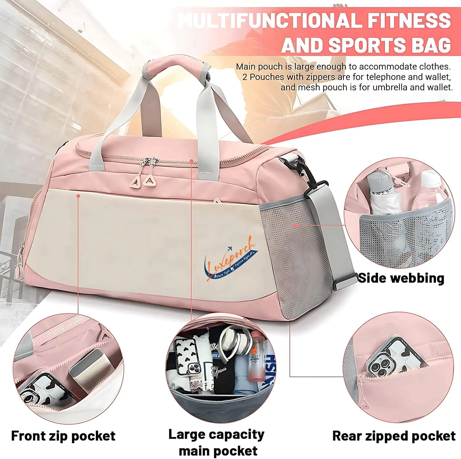 Gym Bag for Men with Shoe Compartment & Wet pocket, Sports bag for men, Tactical Duffle Bag for Men, Multipurpose Weekender Overnight Bag for Travel, Sports, Fitness & Workout (Pink)