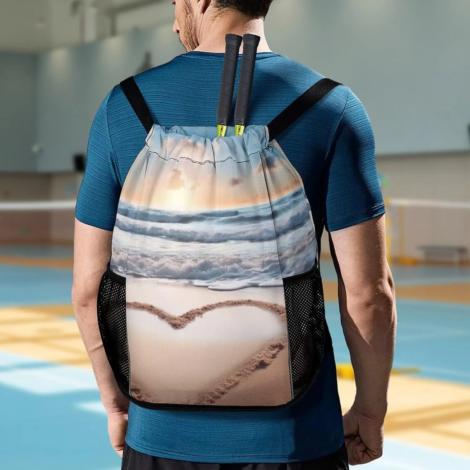 Gym Bag for Women Men Heart Shape Romantic BeachTravel Duffel Bag Large Capacity Sports Drawstring Backpack