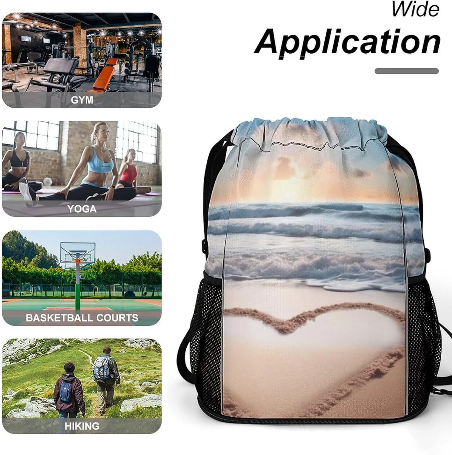 Gym Bag for Women Men Heart Shape Romantic BeachTravel Duffel Bag Large Capacity Sports Drawstring Backpack