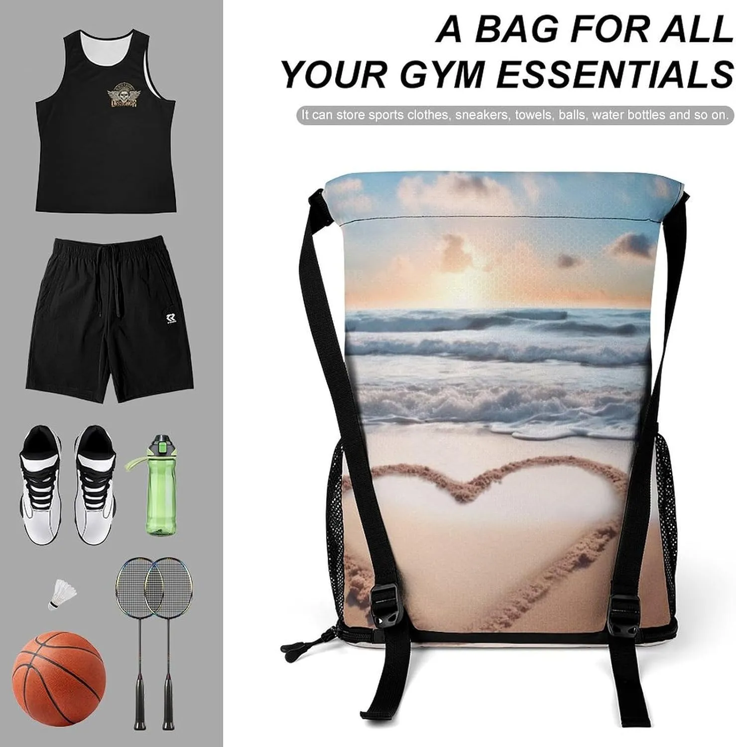 Gym Bag for Women Men Heart Shape Romantic BeachTravel Duffel Bag Large Capacity Sports Drawstring Backpack