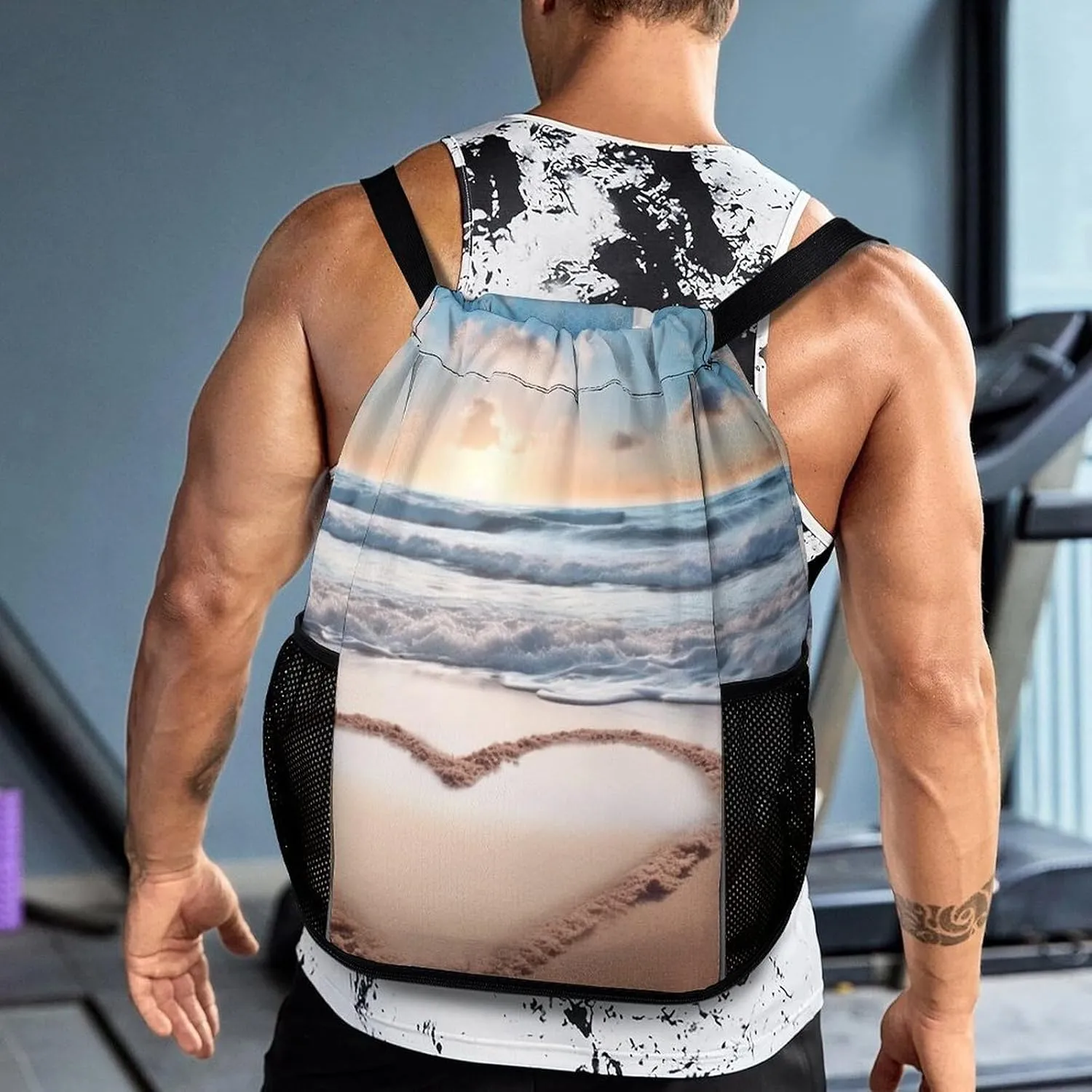 Gym Bag for Women Men Heart Shape Romantic BeachTravel Duffel Bag Large Capacity Sports Drawstring Backpack