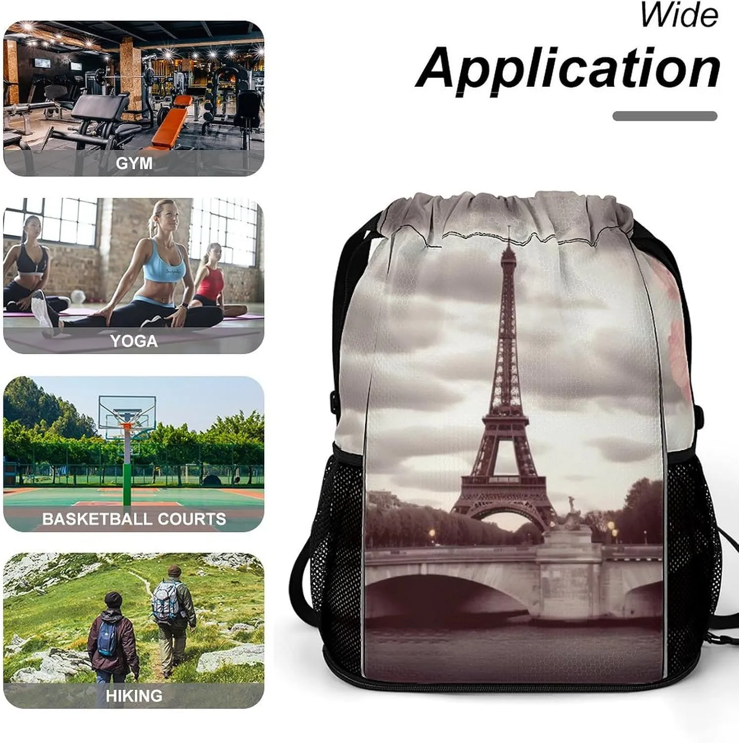 Gym Bag for Women Men Romantic Travel in ParisTravel Duffel Bag Large Capacity Sports Drawstring Backpack