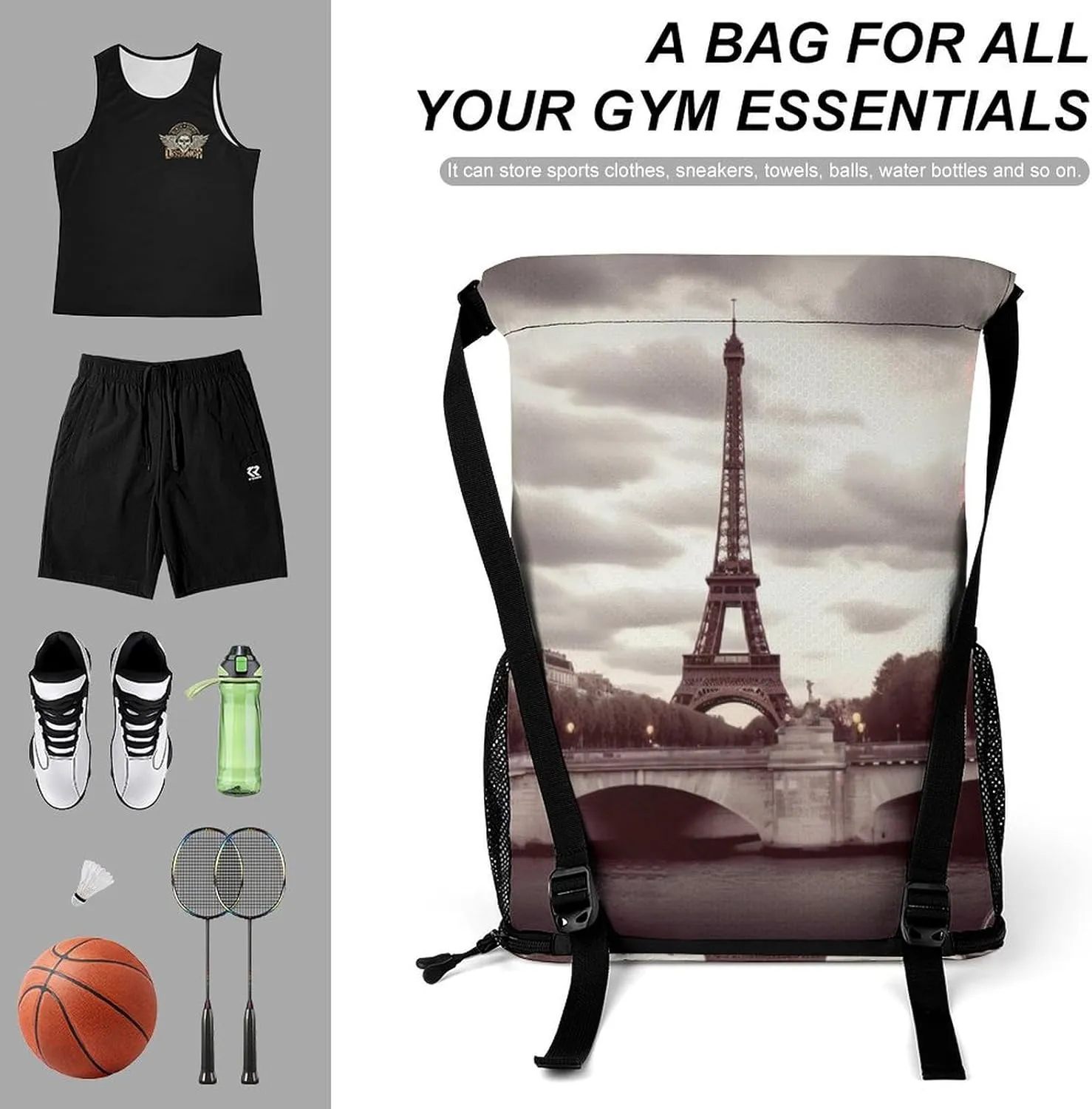 Gym Bag for Women Men Romantic Travel in ParisTravel Duffel Bag Large Capacity Sports Drawstring Backpack