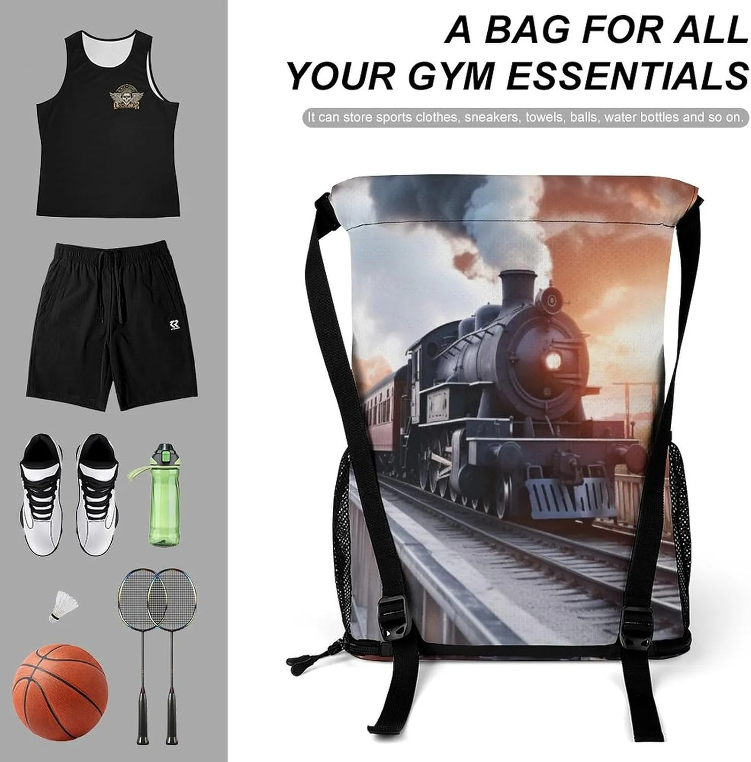 Gym Bag for Women Men Steam Train Depart SunsetTravel Duffel Bag Large Capacity Sports Drawstring Backpack, 45.5x41.5x36cm, Style-5, JJ0529240