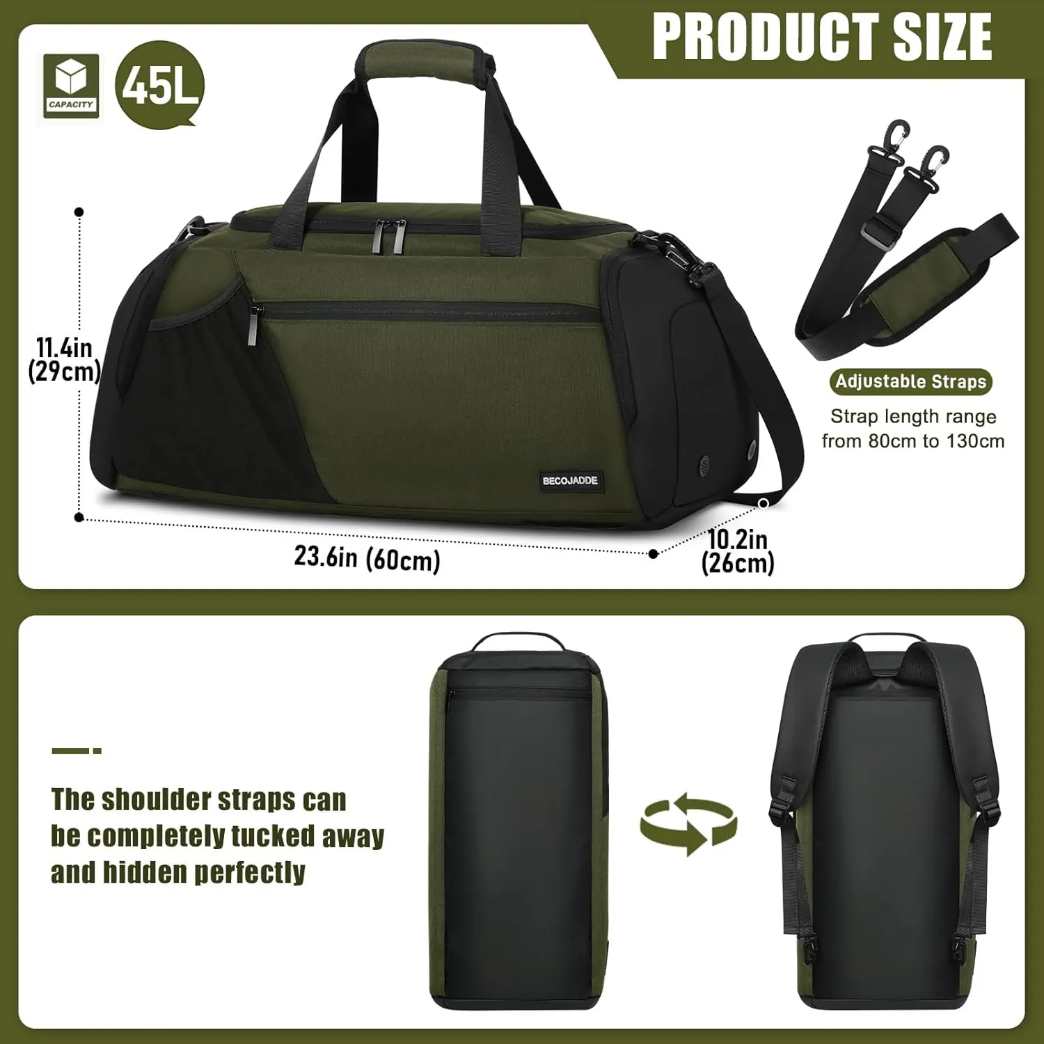 Gym Bags for Men Women 45L Large Gym Backpack Multiple Pockets Sport Duffle Bags with Shoe & Wet Compartment for Workout Travel Weekend Overnight Green