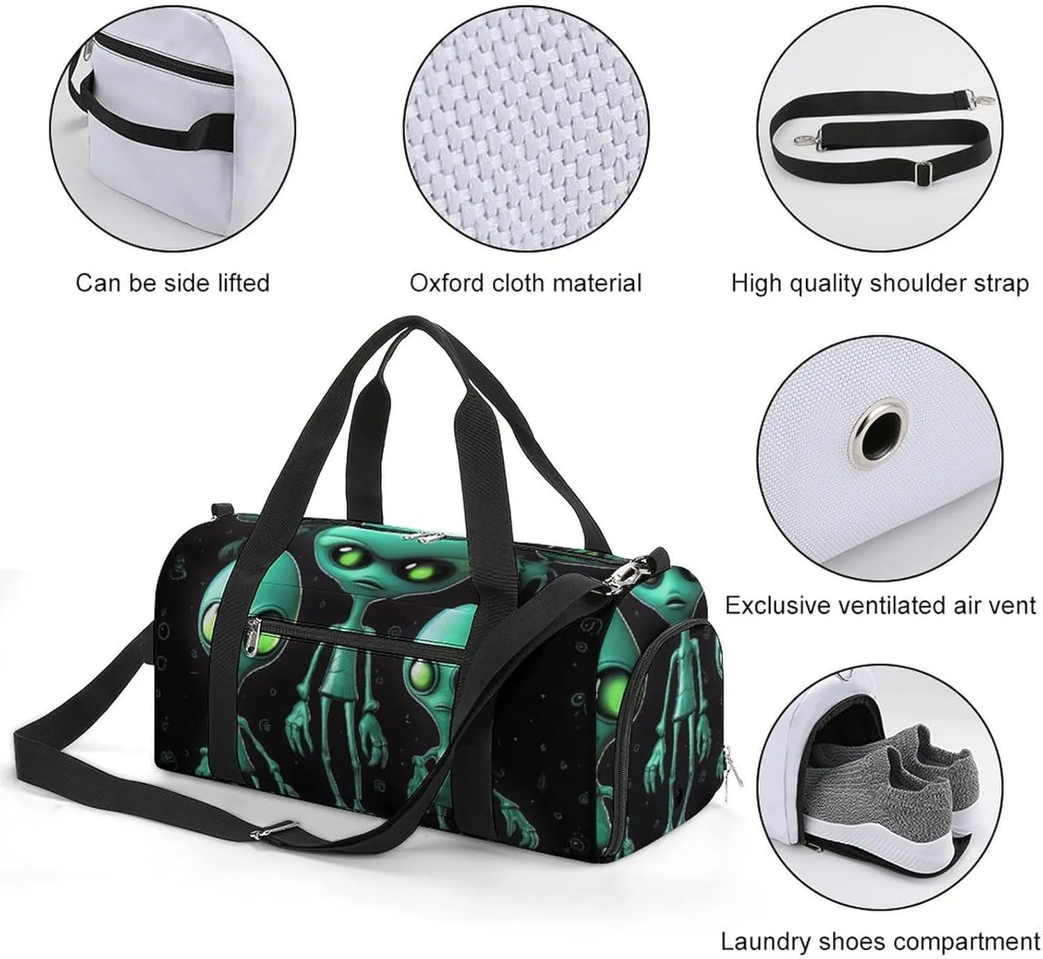 Gym Bags for Men Women Aliens Duffle Bag Travel Overnight Bag with Shoe Compartment Tote Bags