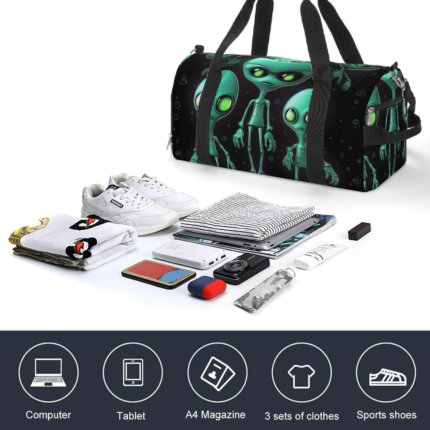 Gym Bags for Men Women Aliens Duffle Bag Travel Overnight Bag with Shoe Compartment Tote Bags