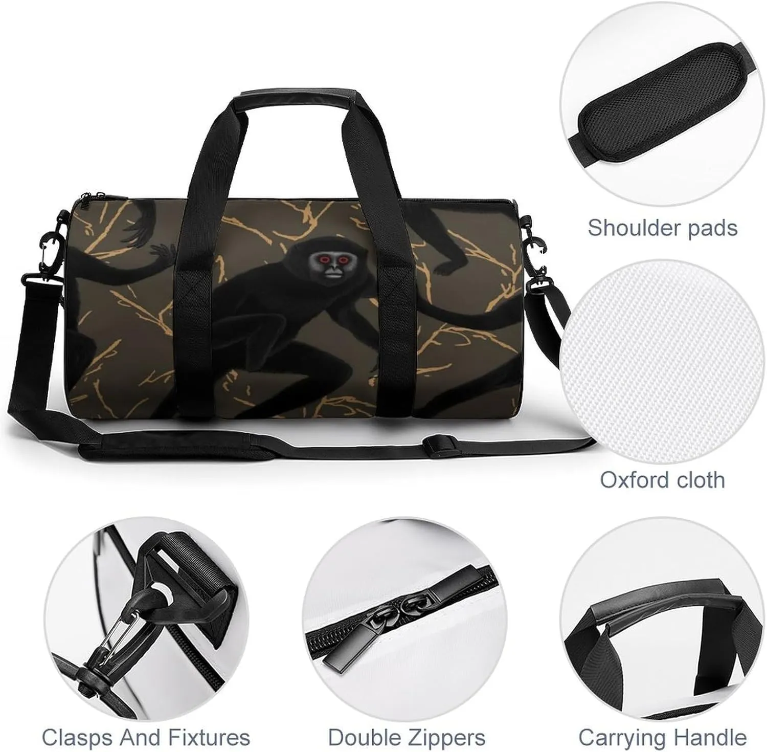 Gym Bags for Men Women Black Gibbon Monkey Duffle Bag Travel Overnight Bag with Shoe Compartment Tote Bags