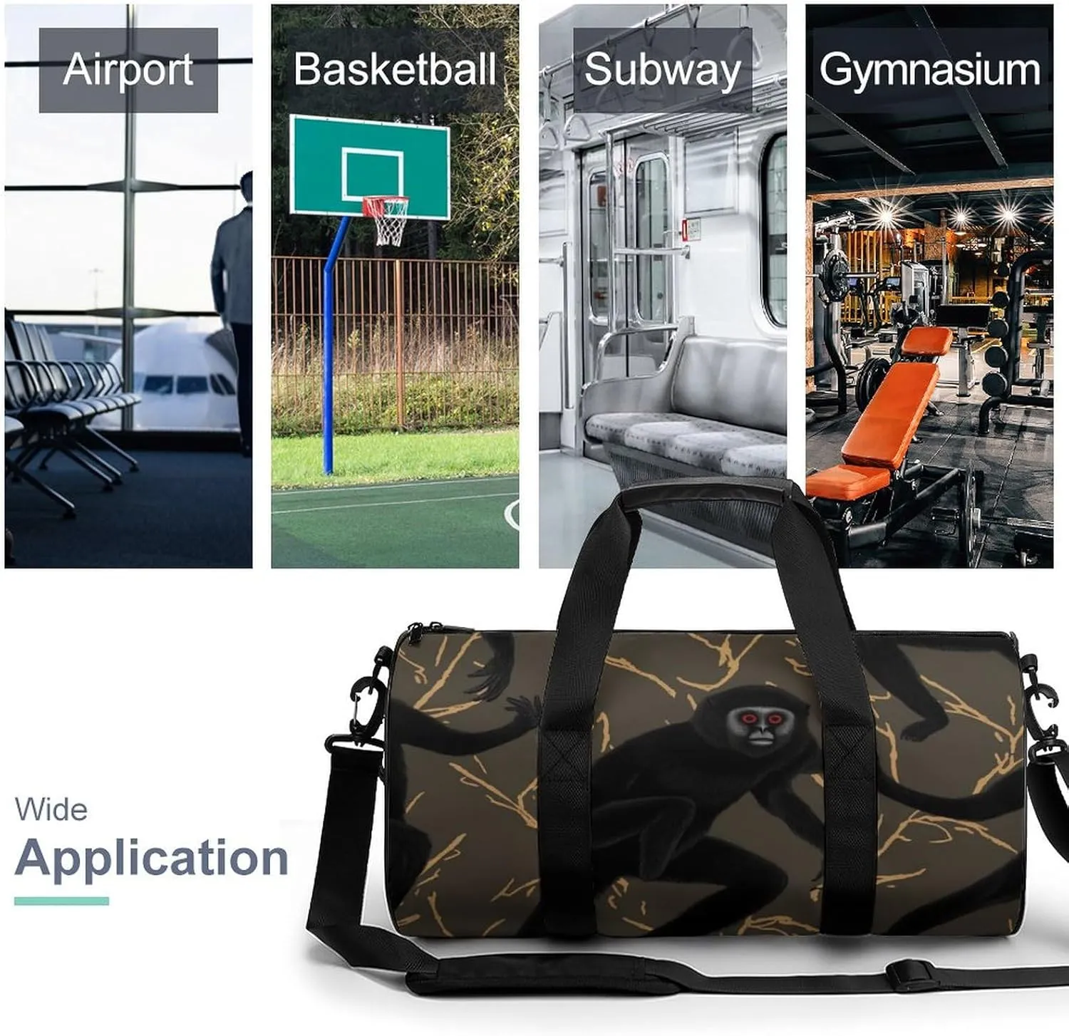 Gym Bags for Men Women Black Gibbon Monkey Duffle Bag Travel Overnight Bag with Shoe Compartment Tote Bags