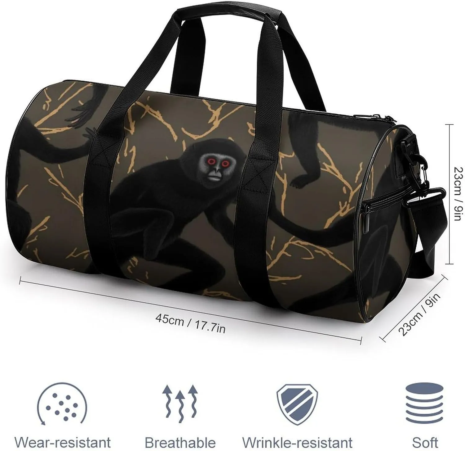 Gym Bags for Men Women Black Gibbon Monkey Duffle Bag Travel Overnight Bag with Shoe Compartment Tote Bags