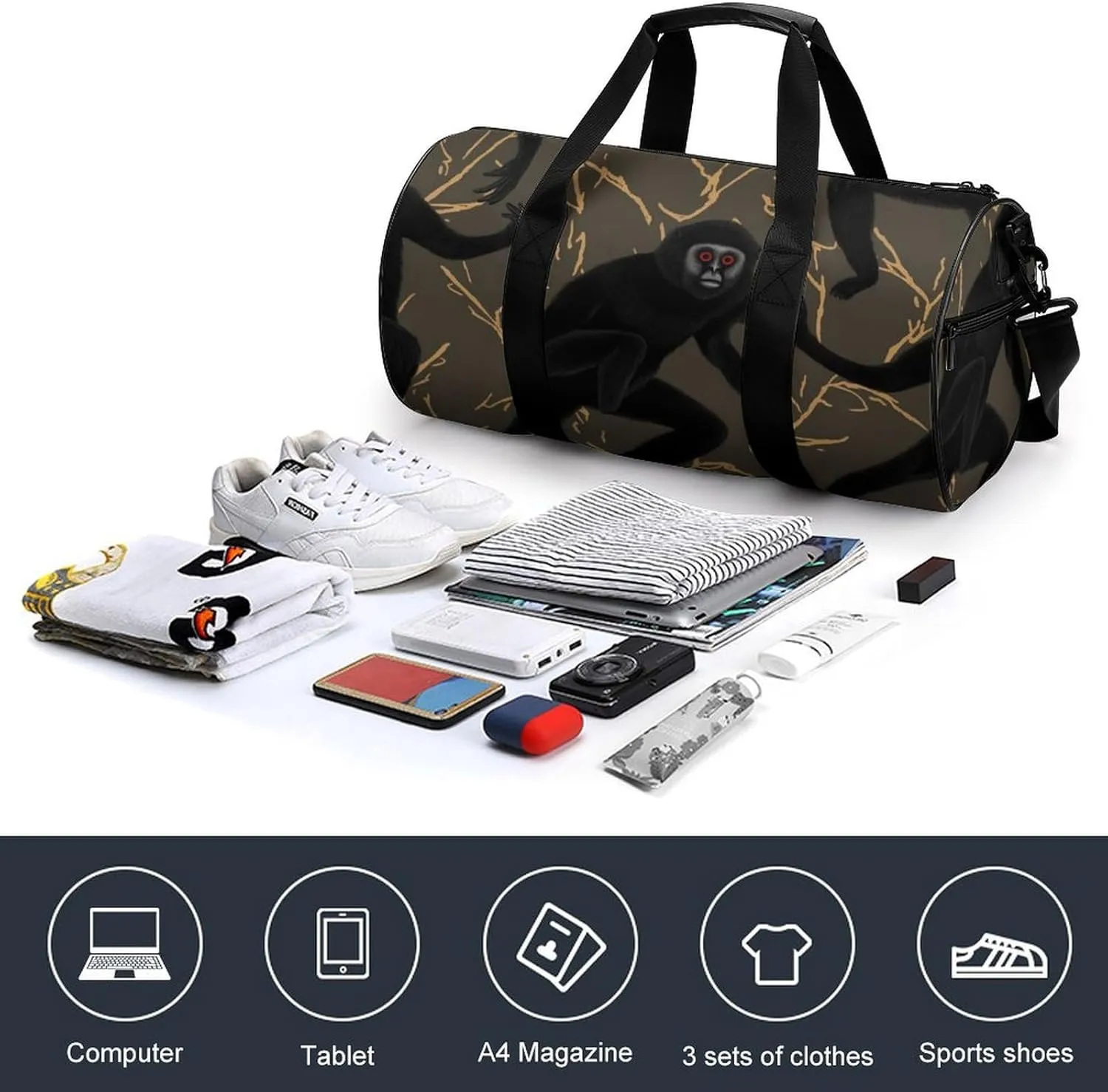 Gym Bags for Men Women Black Gibbon Monkey Duffle Bag Travel Overnight Bag with Shoe Compartment Tote Bags