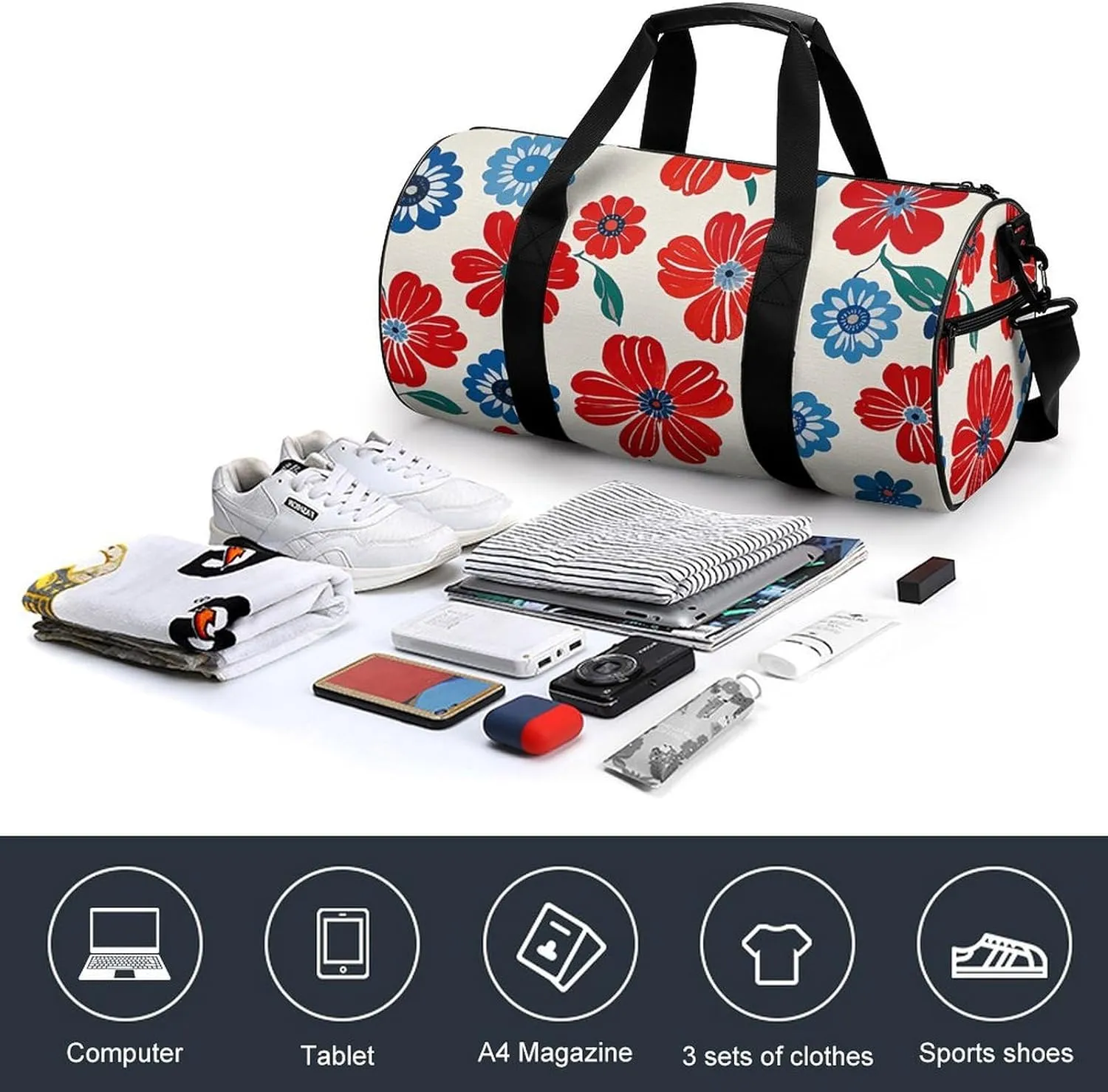 Gym Bags for Men Women Floral Pattern Duffle Bag Travel Overnight Bag with Shoe Compartment Tote Bags