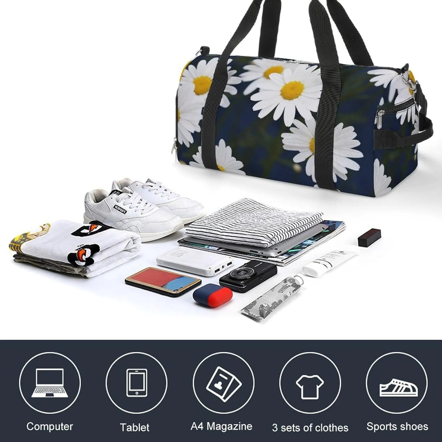 Gym Bags for Men Women Flowers Daisy Duffle Bag Travel Overnight Bag with Shoe Compartment Tote Bags