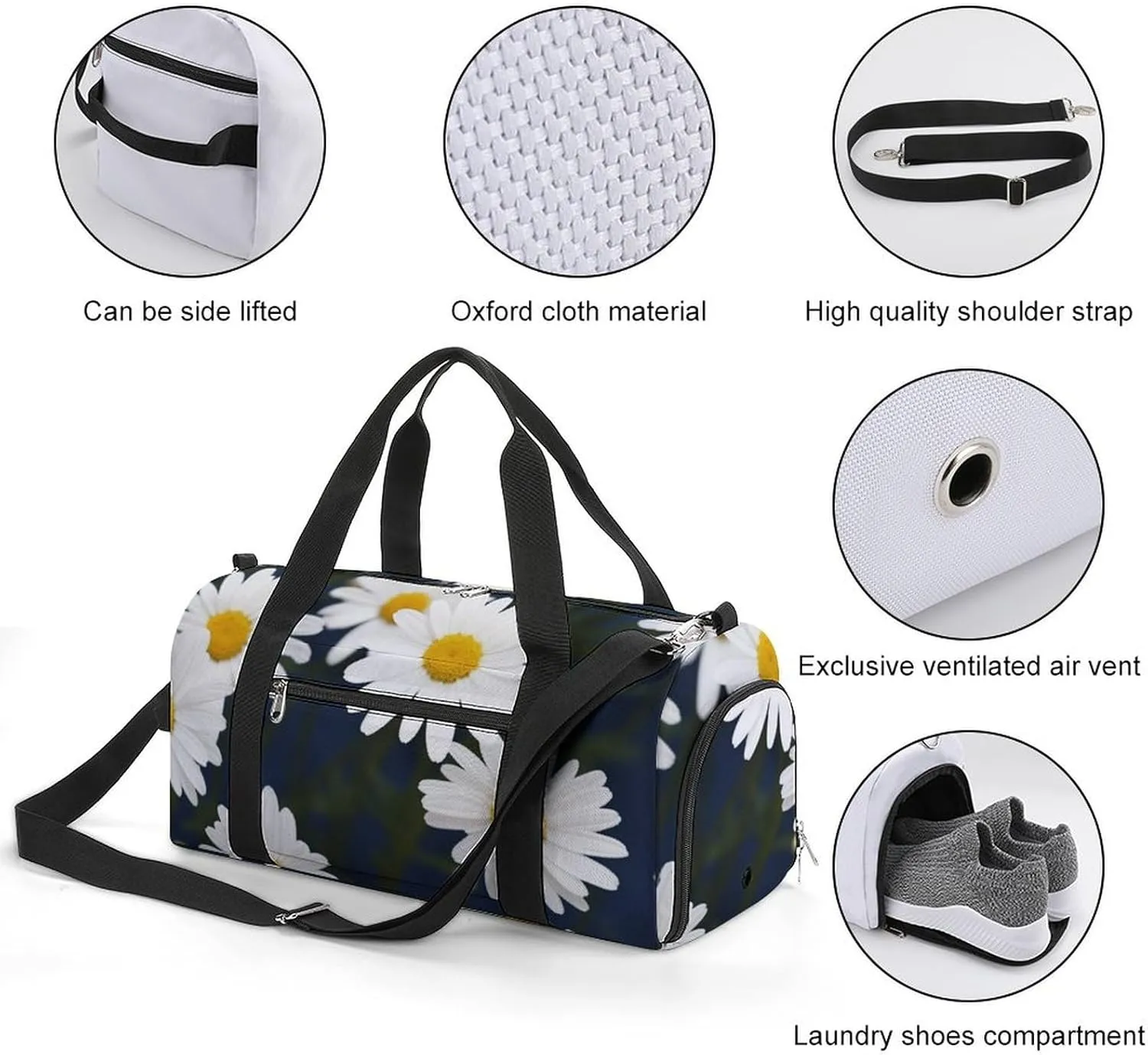 Gym Bags for Men Women Flowers Daisy Duffle Bag Travel Overnight Bag with Shoe Compartment Tote Bags