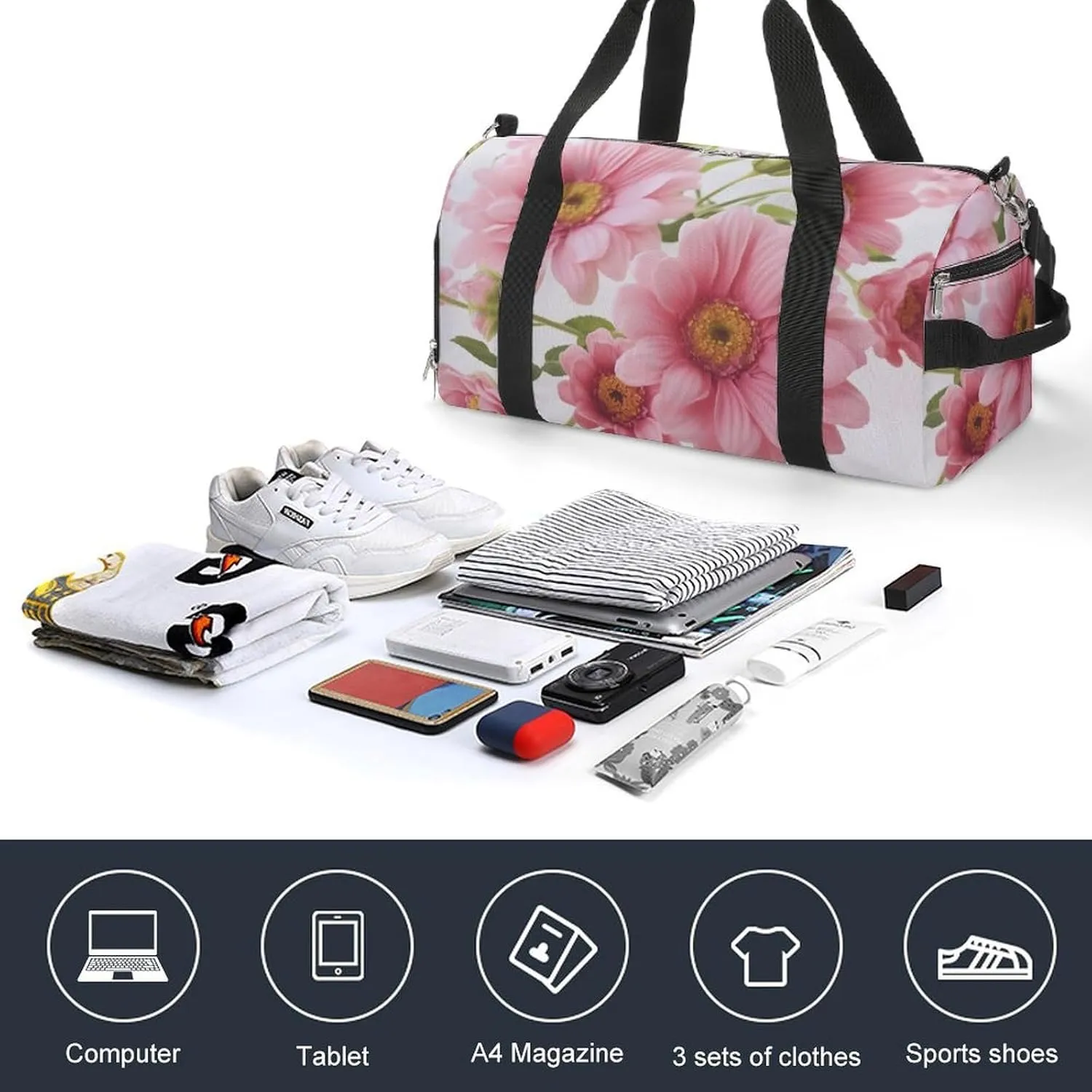 Gym Bags for Men Women Flowers Duffle Bag Travel Overnight Bag with Shoe Compartment Tote Bags