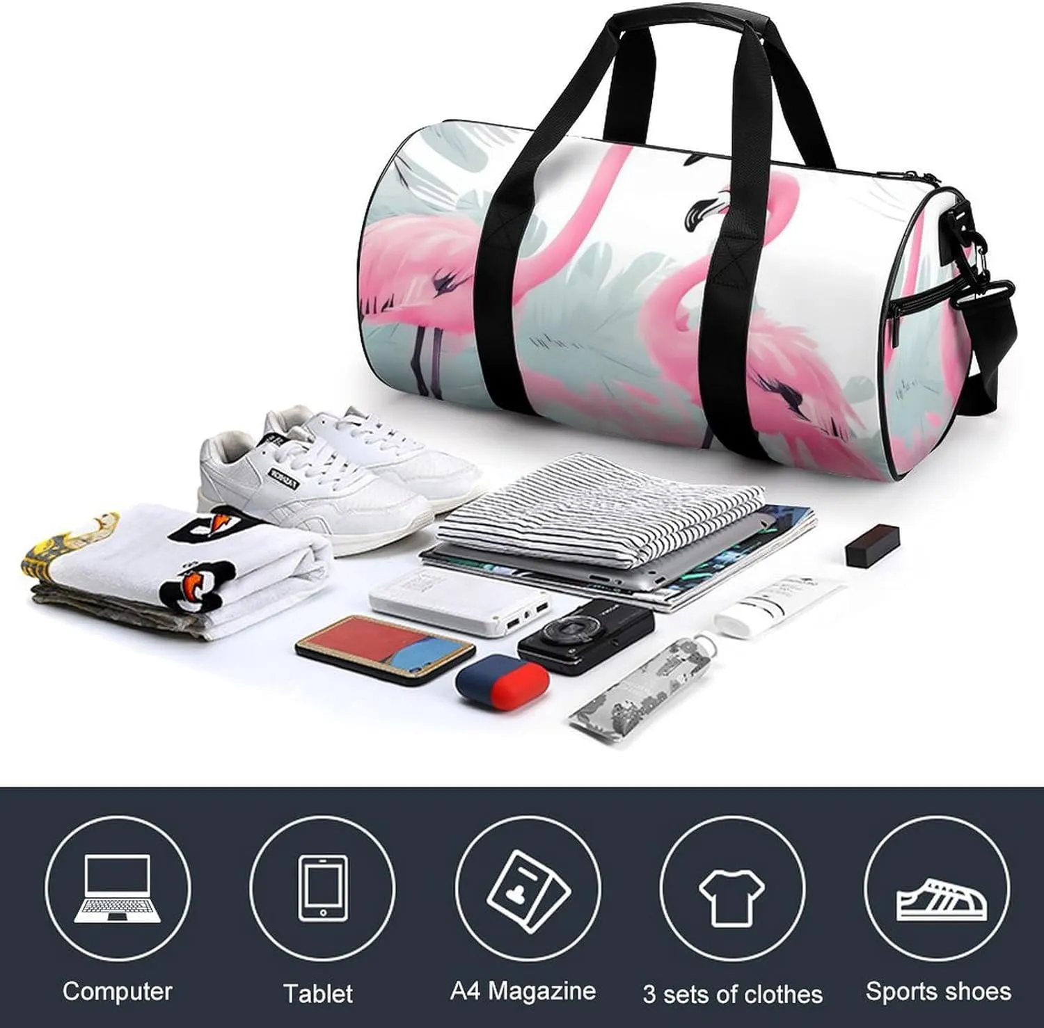 Gym Bags for Men Women Love Flamingo Duffle Bag Travel Overnight Bag with Shoe Compartment Tote Bags