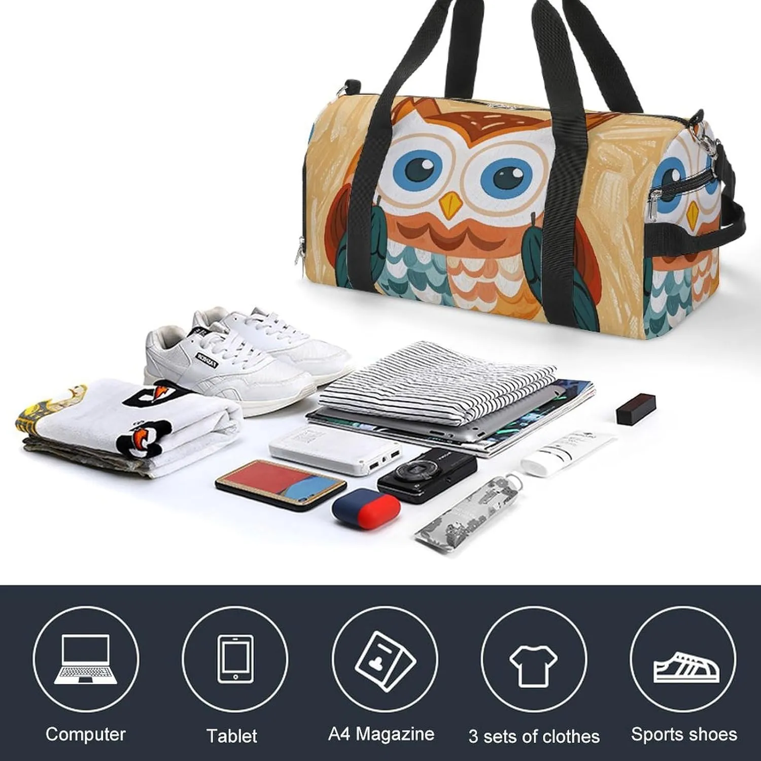 Gym Bags Small Animal Cartoon Owls Cute Duffel Bag Overnight Bag with Shoe Compartment Carryon Bag for Men Women