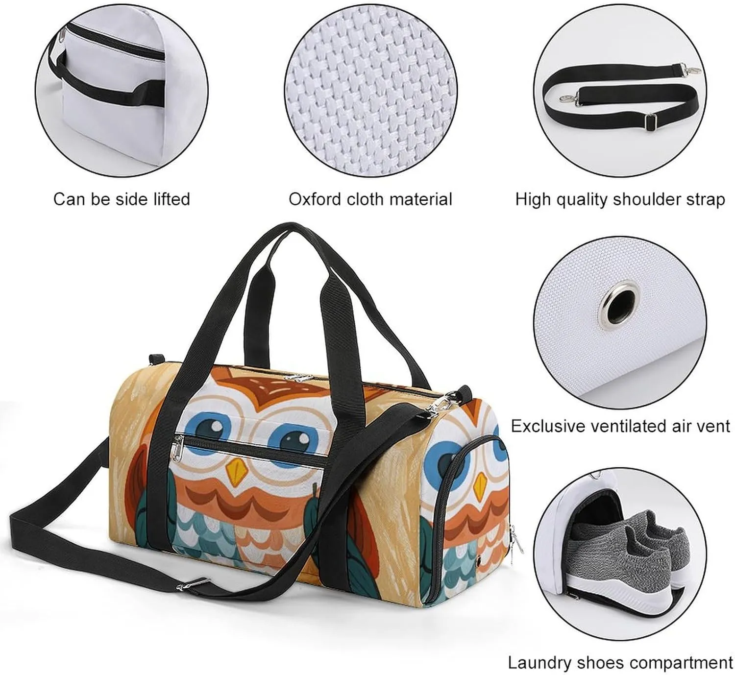 Gym Bags Small Animal Cartoon Owls Cute Duffel Bag Overnight Bag with Shoe Compartment Carryon Bag for Men Women