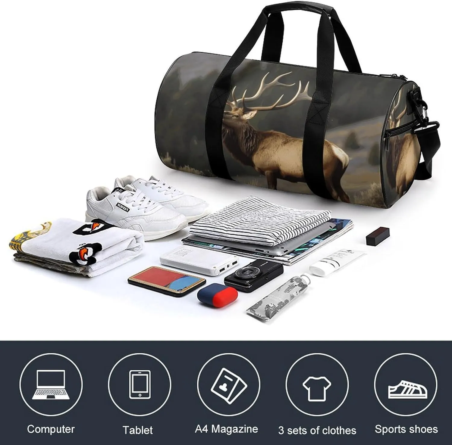 Gym Bags Small Bull Elk Duffel Bag Overnight Bag with Shoe Compartment Carryon Bag for Men Women