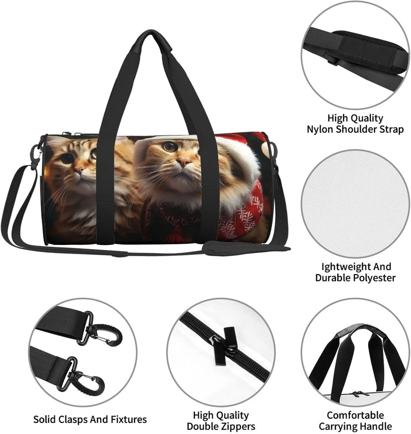 Gym Bags Small Christmas Cat Duffel Bag Overnight Bag with Shoe Compartment Carryon Bag for Men Women