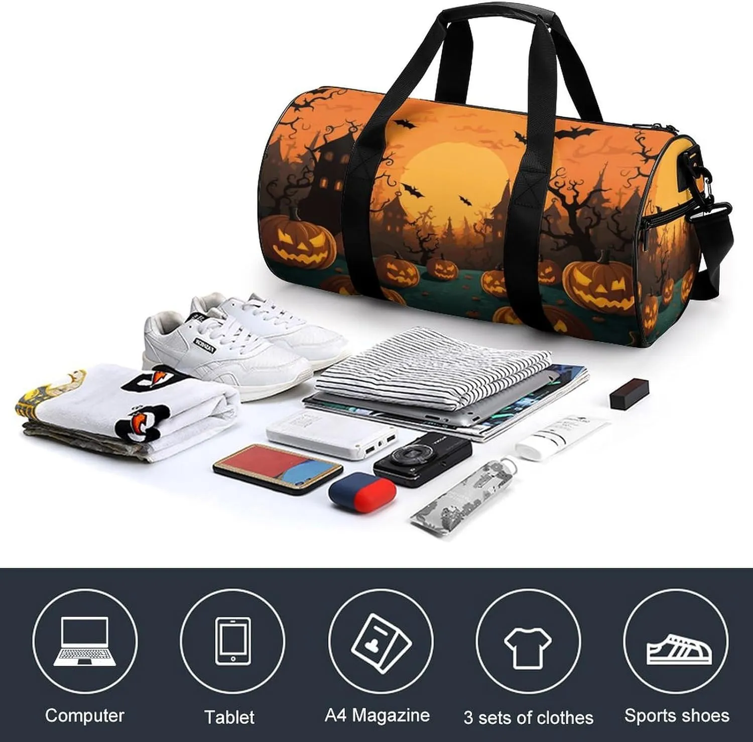Gym Bags Small Halloween Orange Duffel Bag Overnight Bag with Shoe Compartment Carryon Bag for Men Women