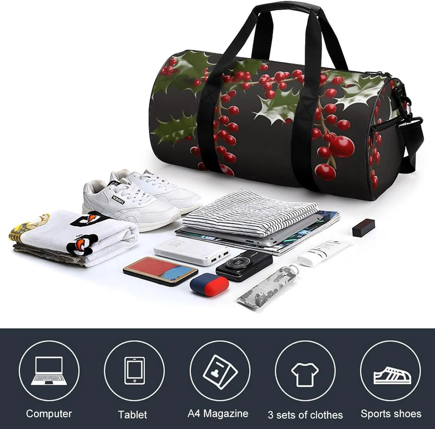 Gym Bags Small Holly Berry Branches Duffel Bag Overnight Bag with Shoe Compartment Carryon Bag for Men Women
