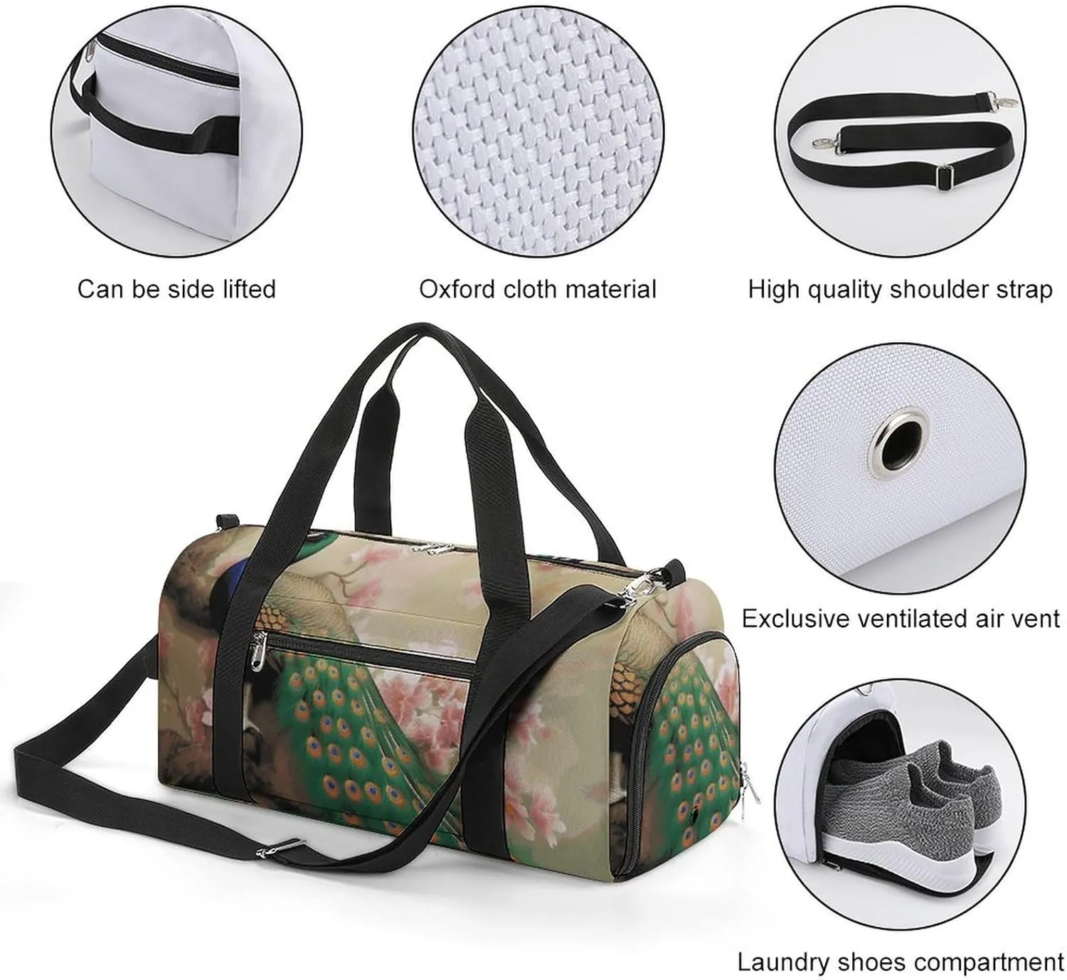 Gym Bags Small Oriental Peacock on Flower Tree Duffel Bag Overnight Bag with Shoe Compartment Carryon Bag for Men Women