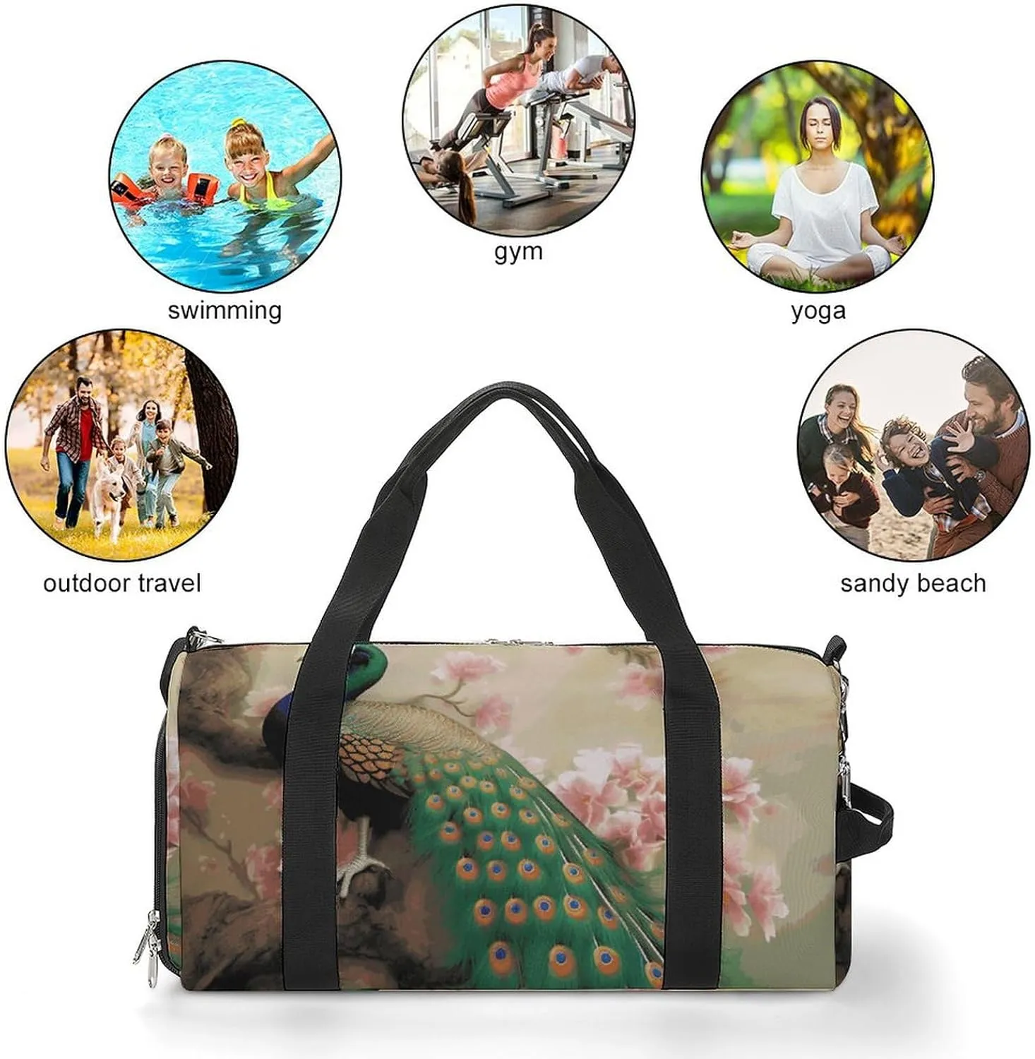 Gym Bags Small Oriental Peacock on Flower Tree Duffel Bag Overnight Bag with Shoe Compartment Carryon Bag for Men Women