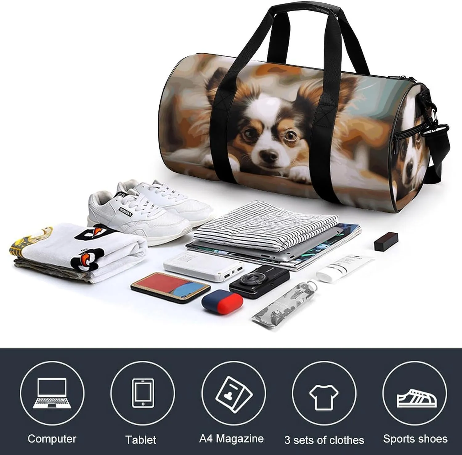 Gym Bags Small Papillon Lying on Tummy Duffel Bag Overnight Bag with Shoe Compartment Carryon Bag for Men Women