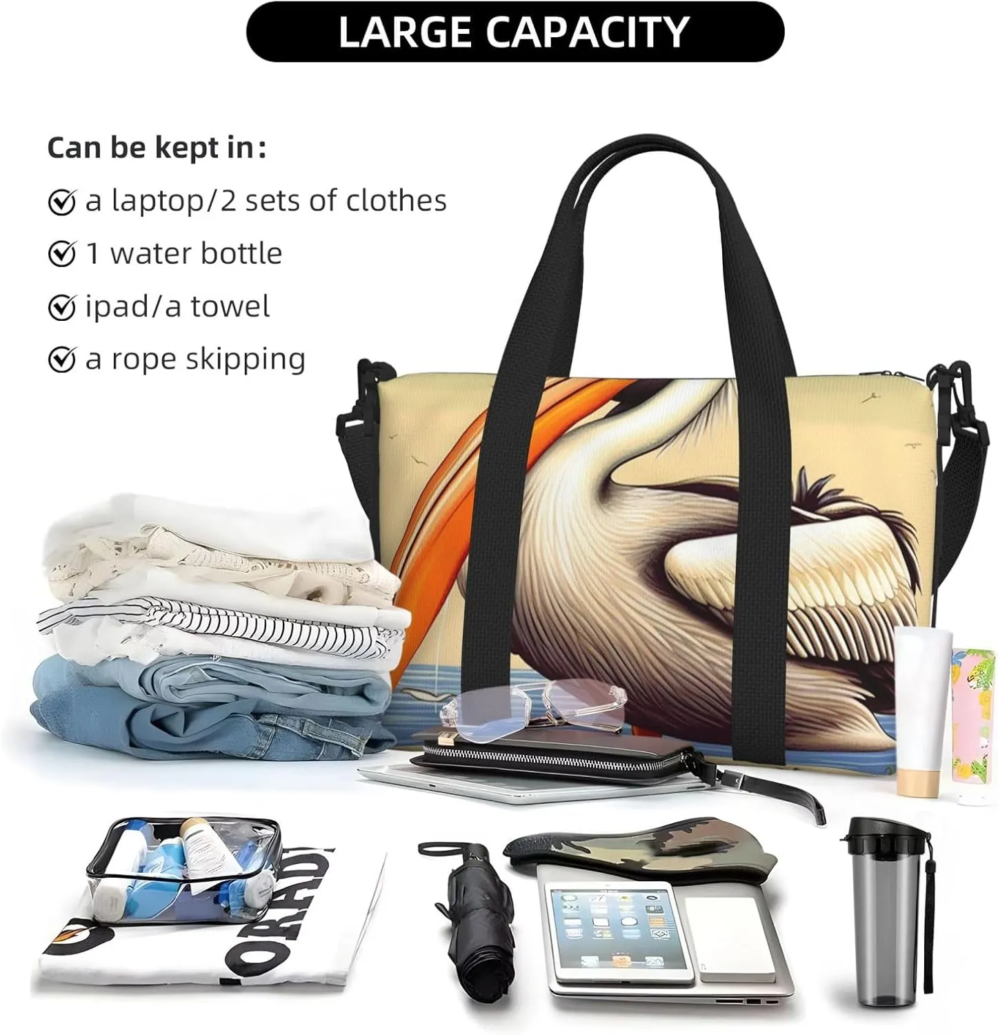 Gym Bags Small Pelican Birds Duffel Bag Overnight Bag with Shoe Compartment Carryon Bag for Men Women